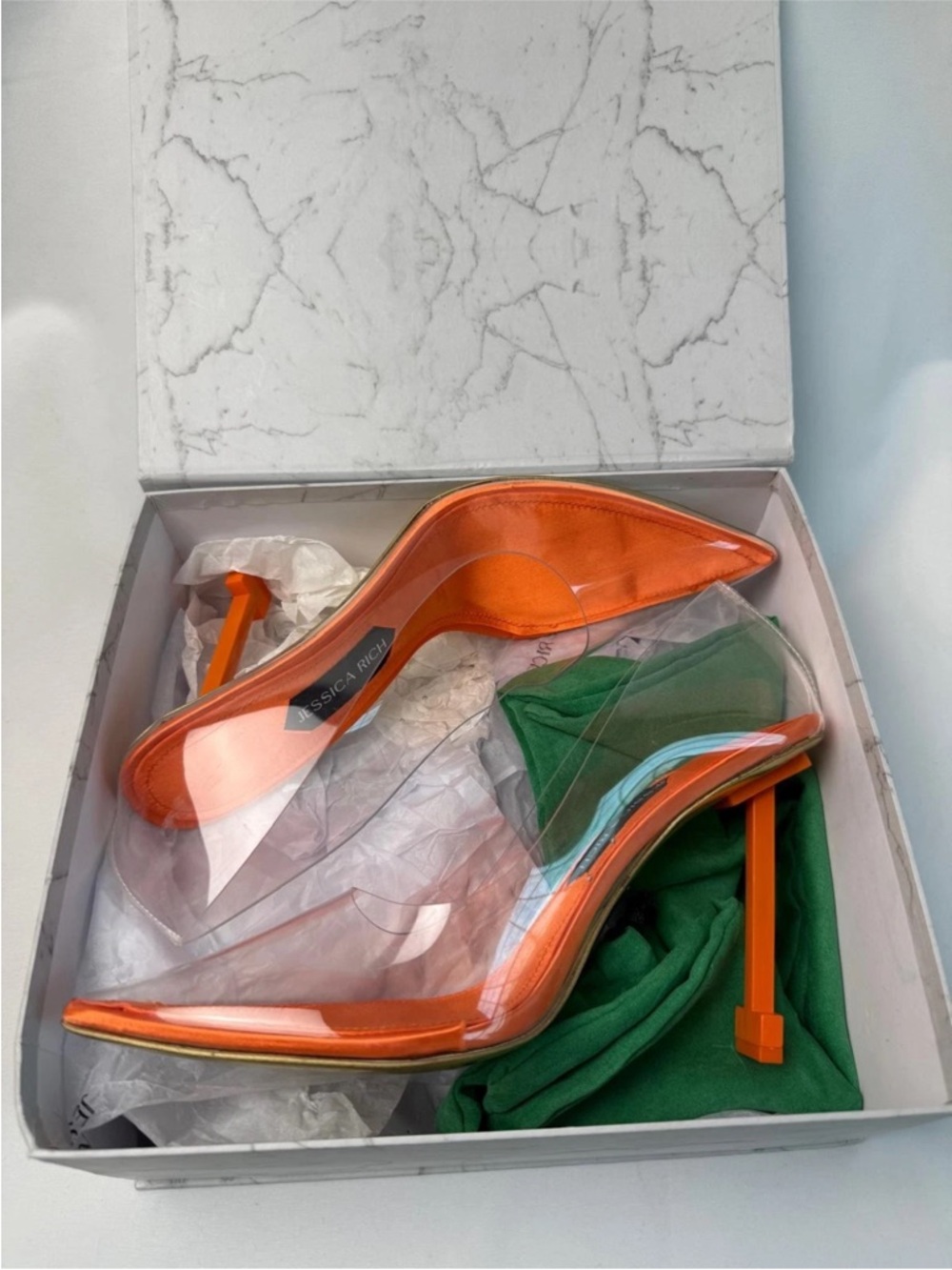 Jessica Orange Pointed-Toe Clear Stiletto Heels